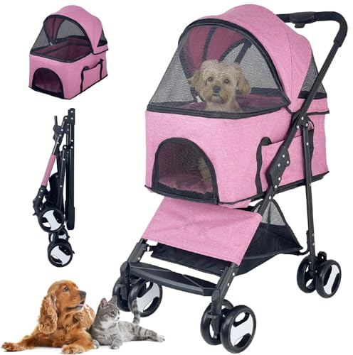 RUYICZB Haustier Hundebuggy, Hundebox Transporttasche Klappbar Hundewagen Mit Aufbewahrungskorb 360° Vorderrad Hinterrad Mit Bremse Für Kleine Mittlere Hunde & Katzen Bis 20Kg,Rosa