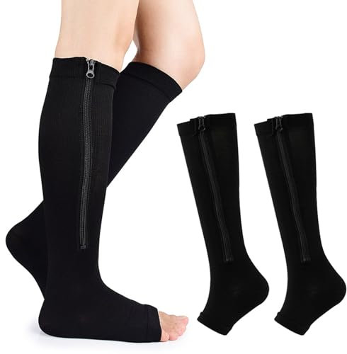 Mdrcg 2 Paar Kompressionssocken Mit Reißverschluss, Stützstrümpfe Damen Herren, Krampfaderstrümpfe Für Unterschenkel,Open Toe Support Strümpfe Krampfadern Ödem,B,XL