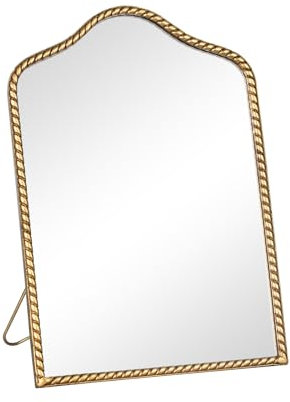 GIFTTROVE Vintage Desk Makeup Mirror, 11.9 L x 8 W Antique Gold Vanity Table Mirror, Metal Framed Scalloped Small Standing Mirrors with Beaded, 360 Adjustable Rotation for Tabletop, Bedroom