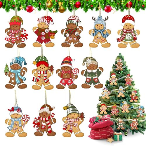 Yaclonq 24 Stück Weihnachtsbaumschmuck Lebkuchenmann,Weihnachten Deko Weihnachten Baumschmuck,Lebkuchen Anhänger Christbaumschmuck,Lebkuchenman Weihnachtsanhänger für DIY Weihnachten Ornament Deko
