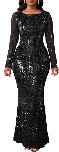 VERWIN Damen Pailletten Bodycon Rundhals Langarm Sparkly Meerjungfrau Maxikleid für Casual Party Cocktail