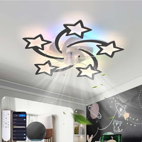 Dfiacn RGB Deckenventilator Mit Beleuchtung Mit Fernbedienung APP, Kind Alexa Lampe Mit Ventilator Reversibel 6-Gang Dimmbar Deckenlampe Mit Ventilator Speicherfunktion Leise Timing-Schwarz||Alexa
