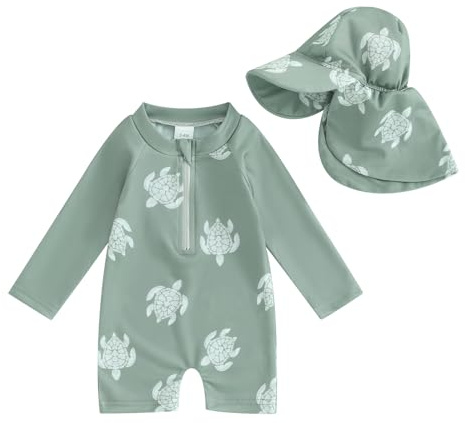 Loalirando Maillot de Bain Enfant Bébé Garçon de 2 Pièces Anti-UV, Combinaison Zippé à Manches Longues Imprimé + Chapeau à Large Bord (Vert Tortues, 6-12 Months)