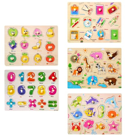 CoudarTitie 5 Piezas Rompecabezas de Madera Juego Educativo de Encastre Juguete Y Juego Preescolar para Niños Y Niñas con Patrones Coloridos Adecuado