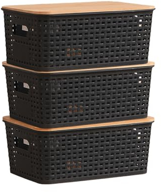 Kongming 3 Stücke Aufbewahrungsbox mit Bambus Deckel und Griff, 5l Kunststoff Bad Organizer Klein Aufbewahrungskorb Boxen Aufbewahrung für Küche Badezimmer Schlafzimmer Balkon 25x18x10cm (Schwarz)