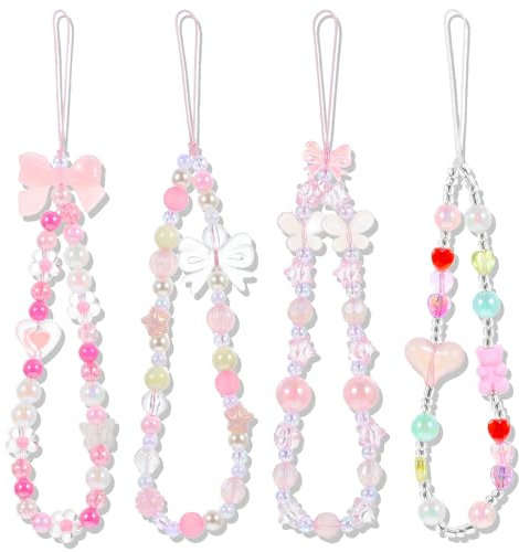 4 Stück Charm Anhänger Phone Perlen Handykette Handyanhänger Niedliche Handy Kette Perlen Rosa Phone Charms Schlüsselband Kette Ästhetische für Handytasche Schlüsselanhänger Kamera Handyschmuck