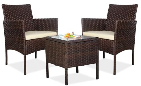 YOEVU - Set de Jardín de Ratán 3 Piezas | 2 Sillas con Cojines y Mesa de Cristal | Estructura en Aluminio | Resistente al Agua y Sol | Ideal para Terraza y Balcón