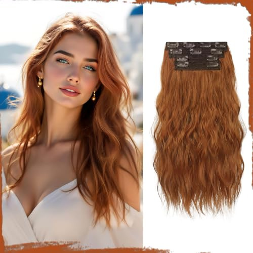 Sofeiyan Clip in Extensions, 4PCS 40 cm Haarverlängerung für Damen, Lockige Dicke Synthetische Haarextensions zum Einklippen Natürliches Weiches Clip in Haarteil – Kupferbraun