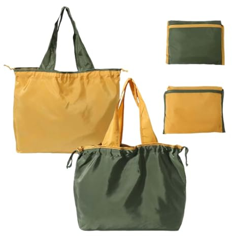 ZHYUAN 2 tvättbara shoppingväskor, vikbar shoppingväska, hopfällbara shoppingväskor med dragsko, lämplig för shopping, camping, grön och gul, 50 cm x 40 cm