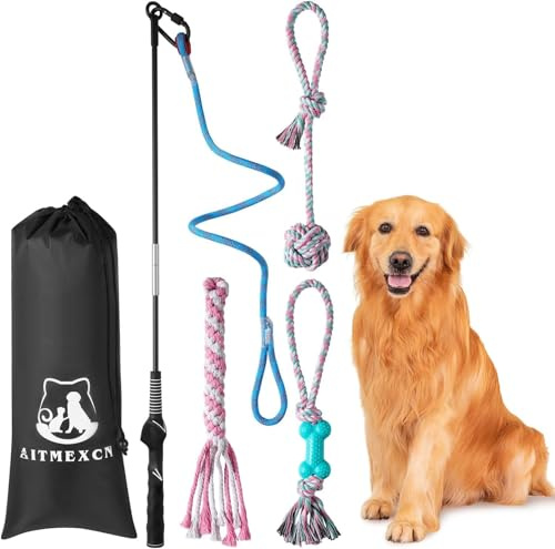 Interactive Flirt Pole Toy for Dogs Chase,Outdoor Exercise,Agility Training | Durable Outdoor Training Teaser Wand with Tether Lure,for Small Medium Large Breeds High Energy Dogs, Tough Spring Pole