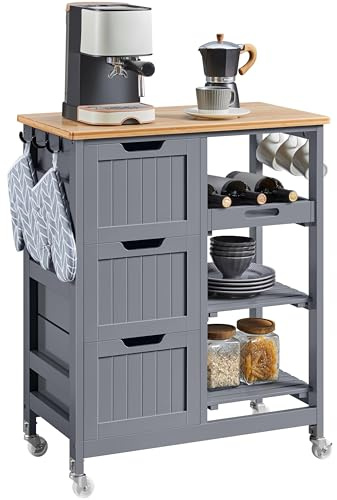 Yaheetech Rolling Kitchen Trolley Kitchen Island Cart with 3 Shelves Grey