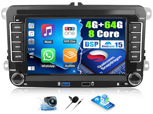 Qualcomm 4G+64G 8-Core Android 15 Car Stereo for VW Polo Golf 5 Caddy T5 Tiguan Wireless CarPlay Android Auto, 7'' Touchscreen Radio with WiFi Mirror Link Bluetooth 5.1 FM RDS DSP EQ SWC Backup Camera