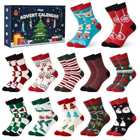 Moyel 12 paia Calendario Avvento Calzini Bambini 8-12 Anni Calendario Avvento 2025 Calendario Dell'Avvento 2025 Bambina Idee Advent Calendar Bambino di Natale per Figlia Figlio
