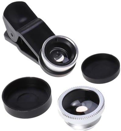 Obiettivo per Cellulare 3 in 1 Clip-on Macro Grandangolare | Fish Eye 180 Gradi, Compatibile Smartphone, Alluminio e Plastica Vetro, Argento