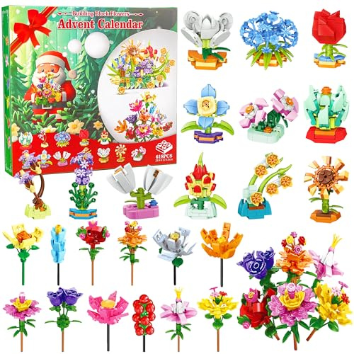 2025 Flower Building Blocks Advent Calendar - 24 Days DIY Christmas Countdown with Mini Succulents & Blooms, Creative Flower Mini Building Bricks Set for Women Girls Adults