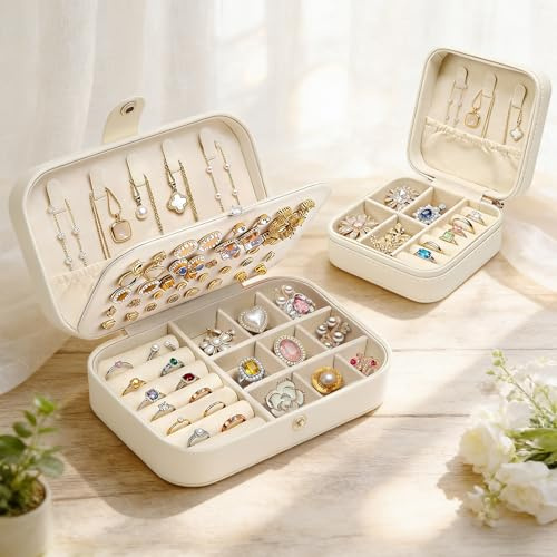 VirtuGro 2PCS Joyero Viaje Pequeño + Grande Joyeros Mujer Organizador con Partición Extraíble Jewelry Box Joyero Pequeño Regalo Mujer Amiga para Guardar Anillos Pendientes Collares (Beige)