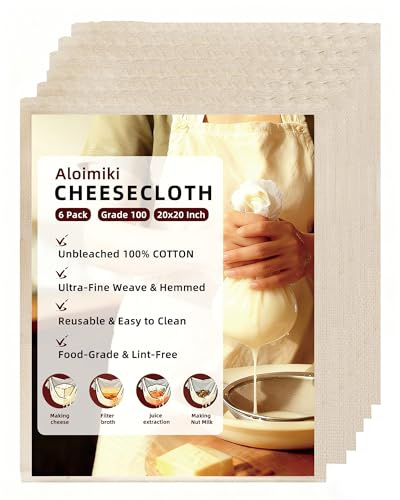 Aloimiki 6-Pack Cheesecloth 20x20 Grade 100-100% Unbleached Cotton (Food-Grade), Fine Filtration for Silky Nut Milk & Safe Cheese Making, Reinforced Edges No Lint