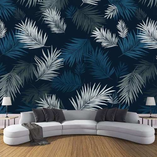 Papel Pintado Hojas Palma De Seda, 300×210 Cm, Plantas Minimalistas Modernas, Fondo Pantalla Personalizable, Azul Oscuro Adecuado Para Sala Estar, Dormitorio, Pared Oficina
