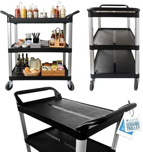 TDBS The Dustpan and Brush Store Multipurpose 3 Tier Trolley on Wheels - Premium Design Catering Storage Trolley with Shelves, Perfect for Restaurants, Kitchens, Hotel etc - Large