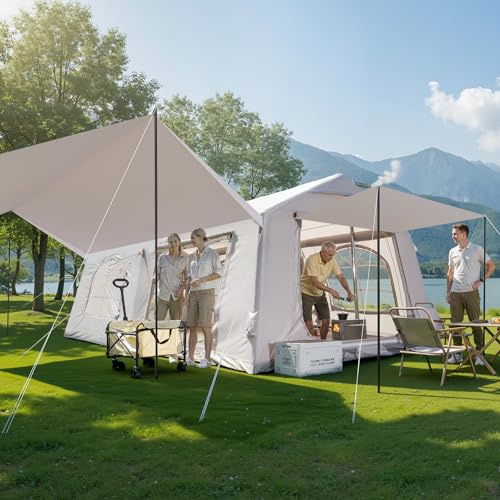 MOPHOTO Aufblasbares Zelt Camping, Wasserdicht Oxford, Pumpe, 4-12 Personen | UPF 50+ Beschichtung,Aufbau in 5 Minuten, 5/6 große Netzfenster, integrierte Ofenrohröffnung