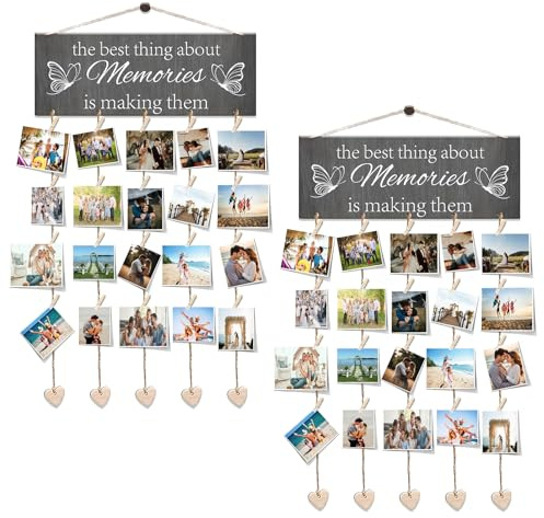 2 Pack Hanging Photo Display Board,Each Pack Photographs String with 20 Wooden Clips, 7 Ropes and 6 Heart-shaped Decorations, Wood Wall Photo Display for Decorations Gifts DIY