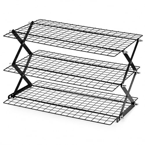 Greenfields 3 Tier Collapsible Cooling Rack Foldable Baking Rack Kitchen Countertop Organiser Storage Shelf for Cookies Cakes Bread Pastries Cupcakes Drying Rack Space Saving Metal Wire Rack