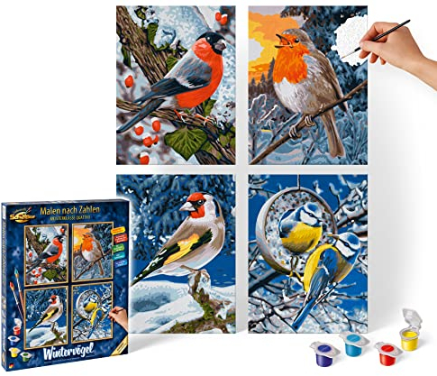 Schipper 609340661 Malen nach Zahlen, Wintervögel - Bilder malen für Erwachsene, inklusive Pinsel und Acrylfarben, Quattro je 18 x 24 cm