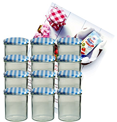 MamboCat Lot de 12 bocaux en verre de 350 ml avec couvercles bleu à carreaux To 82 et livret de recettes de la marque de sucre gélifiant Diamant (français non garanti)