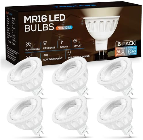 MR16 LED Bulb, 12V 5W(50W Halogen Equivalent), GU5.3 Bi Pin Base, 6000K Daylight White, Non-Dimmable, 40 Degree Spotlight Bulbs, LED MR16 for Indoor/Outdoor Landscape, Recessed, Track Lighting, 6 Pack