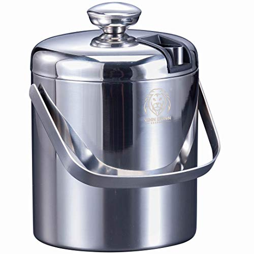VINN DUNN Ice Bucket with Lid 1.2 Litre Double Walled Insulated Stainless Steel Ice Bucket with Concealed Tong&Carry Handle-145 x 145 x 195 mm