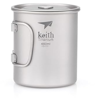 Keith Tazza in Titanio 450 ml Ti3204 con Coperchio e Manico Pieghevole, Leggera e Resistente, Ideale per Tè e Caffè in Campeggio, Trekking, Picnic, Gavetta Scout e Viaggi Outdoor