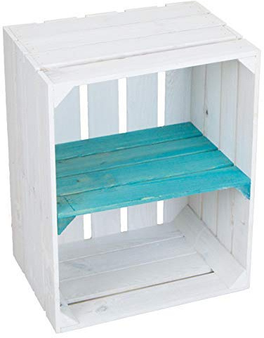 Massive Schuh- Bücherregalkiste Obstkiste Weinkiste Maße ca 50 x 40 x 31cm xxxaus dem Alten LandxxxWeinkisten Obstkisten Holzkiste Dekokiste Regal (weiss türkisem Mittelbrett Quer)