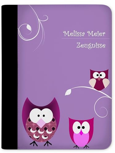 CreaDesign Zeugnismappe A4 mit Namen personalisiert – Eule Lila – für Mädchen – Dokumentenmappe Schule ohne Klarsichthüllen