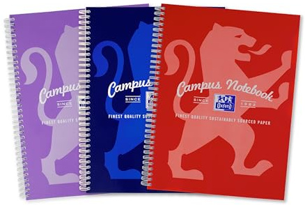 Oxford Campus A4 Notebook, Wirebound, 8 mm Lined with Margin, 140 Page, Pack of 3 Notepads, Bright Colours, Optik Paper+