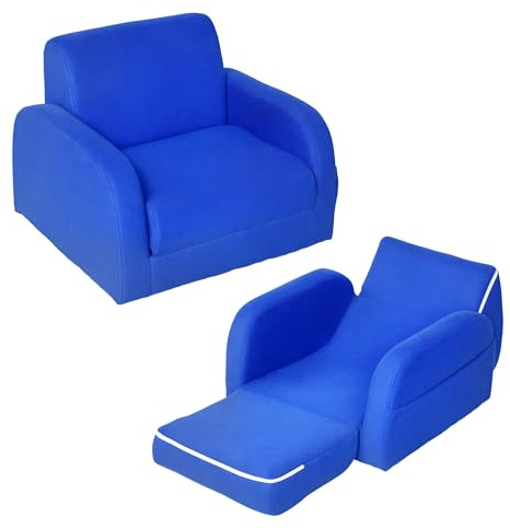 HOMCOM Children's Armchairs Kids Toddler Sofa Chair 2 In 1 Sofa Bed Folding Couch Soft Flannel Sponge Playroom Bedroom Living Room Blue