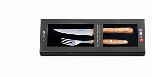 Giesser seit 1776 - Made in Germany - Steakbesteck, 2 Teilig, Olivenholz, genietet, rostfreier Edelstahl, Küchenbesteck, Set mit Messer und Gabel, 9750-2 o