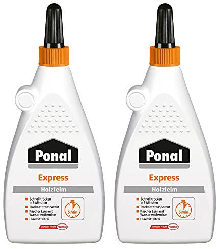 Ponal Express Holzleim, transparent und schnell trocknender Holzkleber für vielseitige Verleimungs- & Bastelarbeiten, wasserfester Leim in praktischer Flasche, Vorteilspack mit 2 x 550g, 9H PN10XX