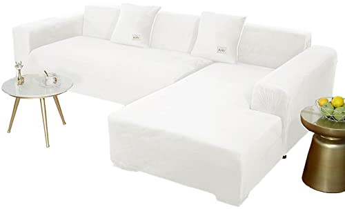 JHLD Stretch Samt Sofabezug L Form-Weiß-2 Sitzer+3 Sitzer | Weich Bequem Anti-rutsch überzug ecksofa Waschbarer Für Kinder Haustiere Hunde Katzen