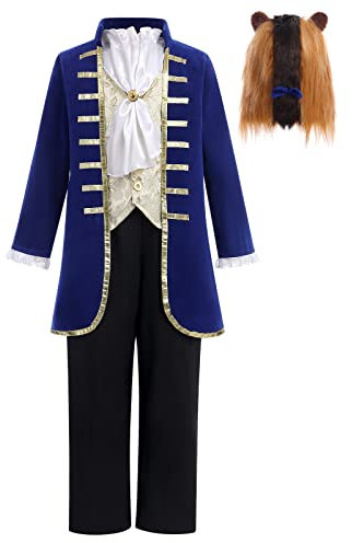 Disfraz de bestia para niños, disfraz de príncipe Halloween, chaqueta de esmoquin con pantalones, accesorios, Deluxe La Bella y la Bestia, disfraz infantil para cumpleaños, carnaval, azul marino, 4-6