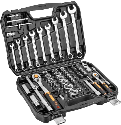 NEO TOOLS Steckschlüssel 1/2, 1/4 und Zubehör, 82-teiliger Satz; zum Schrauben und Lösen; Kreuzschlitz-, Sechskant-Bits; Aufbewahrungskoffer; TÜV; CrV-Stahl