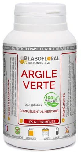 Argile verte Labofloral 300 gélules dosées à 450 mg - Complément alimentaire - Propriétés apaisantes, cicatrisantes et nettoyantes pour le tube digestif- Fabriqué en France