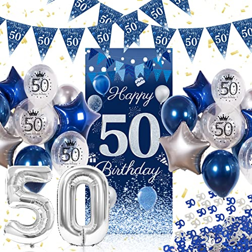 Deko 50 Geburtstag Männer, Blau 50. Geburtstag dekorationen Banner Hintergrund, Konfetti Banner Girlande Wimpel,Luftballons 50. geburtstag deko Mann Frauen