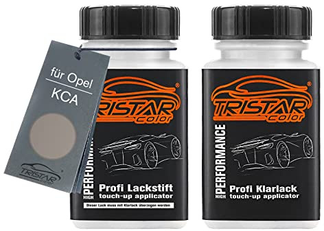 TRISTARcolor Autolack Lackstift für Opel KCA Tiefquarz Silber Metallic +1K | Set aus Basislack + Klarlack, Lackfläschchen mit Pinsel, je 50ml