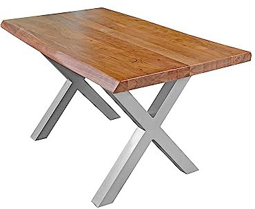 SAM Esstisch 120 x 80 cm Cali, Baumkantentisch nussbaumfarben, Akazienholz massiv, X-Gestell aus Metall Silber, aufgedoppelte Kanten 25+25 mm