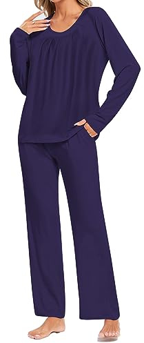 Famulily Loungewear Set Women Cotton Solid Color Pajamas Sets Matching Long Sleeve O Neck Sleepwear Set Navy Blue L