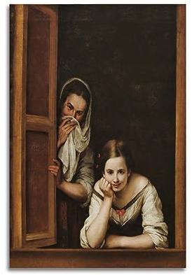 DryNda Bartolome Esteban Murillo Poster Zwei Frauen an einem Fenster, Wandkunst, Bild, Gemälde, Leinwanddrucke, Kunstwerke, Schlafzimmer, Wohnzimmer, Dekoration, 40 x 60 cm