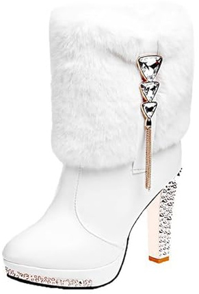 Women's Christmas Faux Fur Ankle Boots Sparkle Diamante High Heels Fur Trim Platform Boots New UK 6.5 White