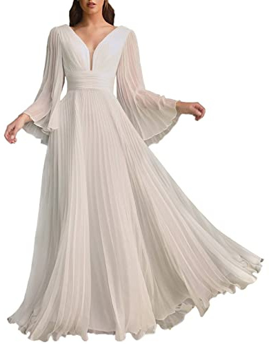 Brautkleider Hochzeitskleider Langarm Tiefer V-Ausschnitt Ballkleider Damen Lang Tüll Abendkleider Elegant Maxikleid Cocktailkleid High Waist Swing Kleider Partykleid A Linie Tunika Kleid