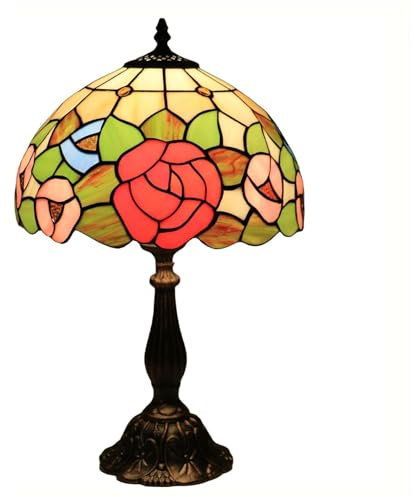 BOTOWI Tiffany-Lampe Buntglas-Tischlampe Schlafzimmer-Nachttischlampe handgemachte antike Home-Schreibtischlampe Wohnzimmertischleuchte rotes rosa blaues Rosenmuster Höhe 19 Breite 12,Resin Base