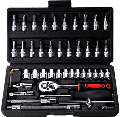 Socket Set, 1/4 Set & Tool Sets, 46 Pieces Auto Repair Wrench Bits Extension Bars, Drive Ratchet Sets for Installation and Disassembly of Automobile Parts, Good Assistant in The Garage and Daily Life